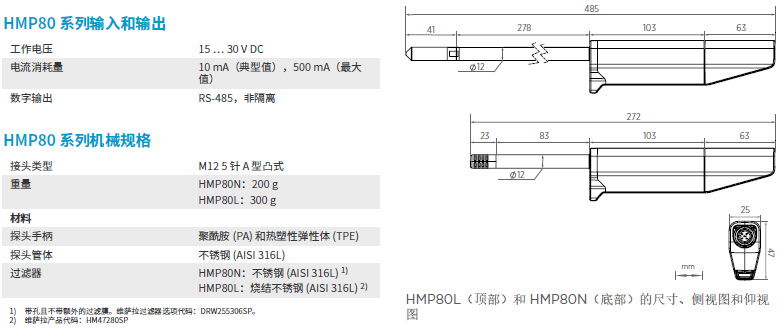 手持式濕度和溫度探頭HMP80產(chǎn)品尺寸